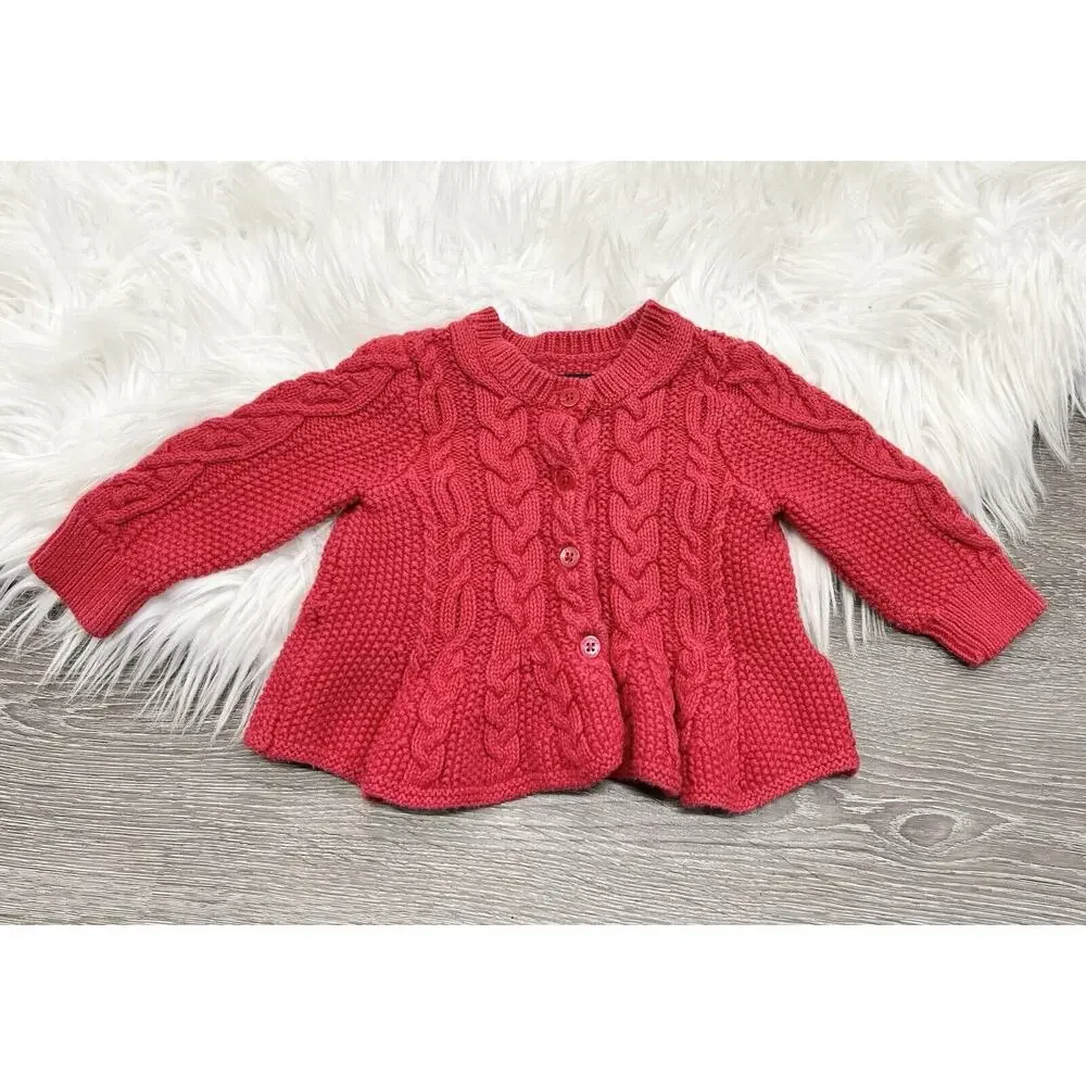 Baby Gap Baby Girl 3/6month‎ Red Chunky Knit Button Up Sweater